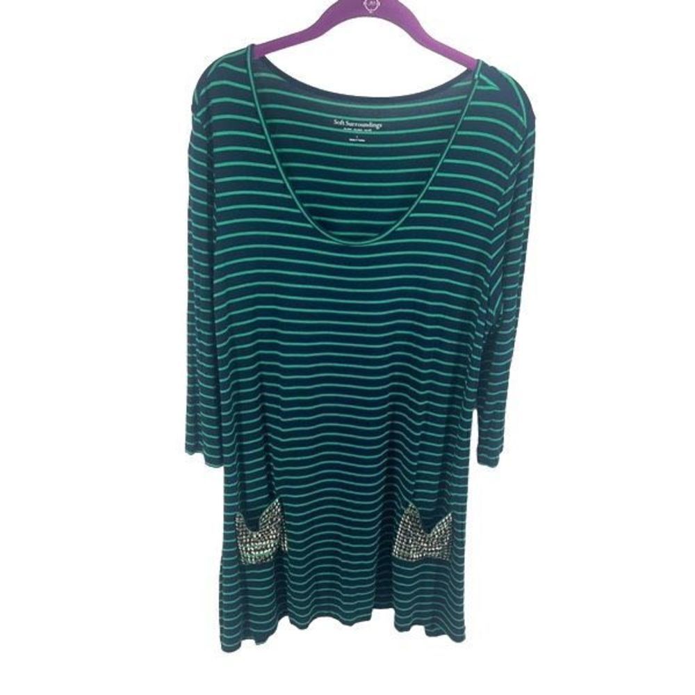 Soft Sorroundings Women's Striped tunic 3/4 Sleeve 2 Pockets Green navy blue Lar